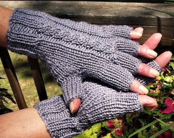 Half Finger Gloves Ladies' Hand Knit Light Gray Cabled Merino Wool & Silk Half Finger Gloves Hand Warmers Ladies' Light Gray Cabled Gloves