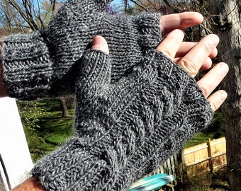 Fingerless Gloves Men's Hand Knit Cabled Dark Gray Merino Wool & Mohair Gloves With No Fingers