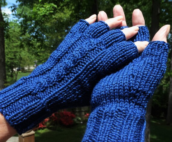 Half Finger Gloves Ladies' Hand Knit Blue Cabled Merino Wool and