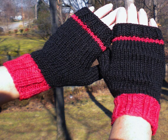 Fingerless Gloves Hand Knit Black Red Ladies Merino Wool Silk