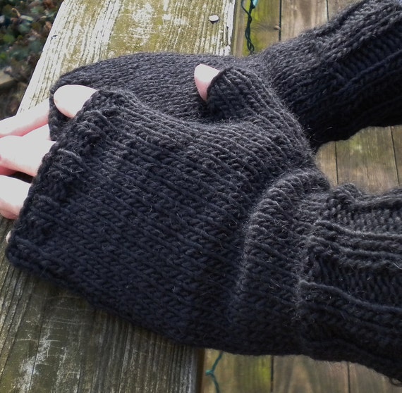 Fingerless Gloves Men's Hand Knit Black Merino Wool & Mohair Gloves with No Fingers