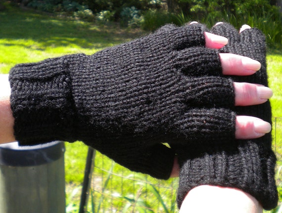Half Finger Gloves Hand Knit Ladies Black Merino Wool Gloves With
