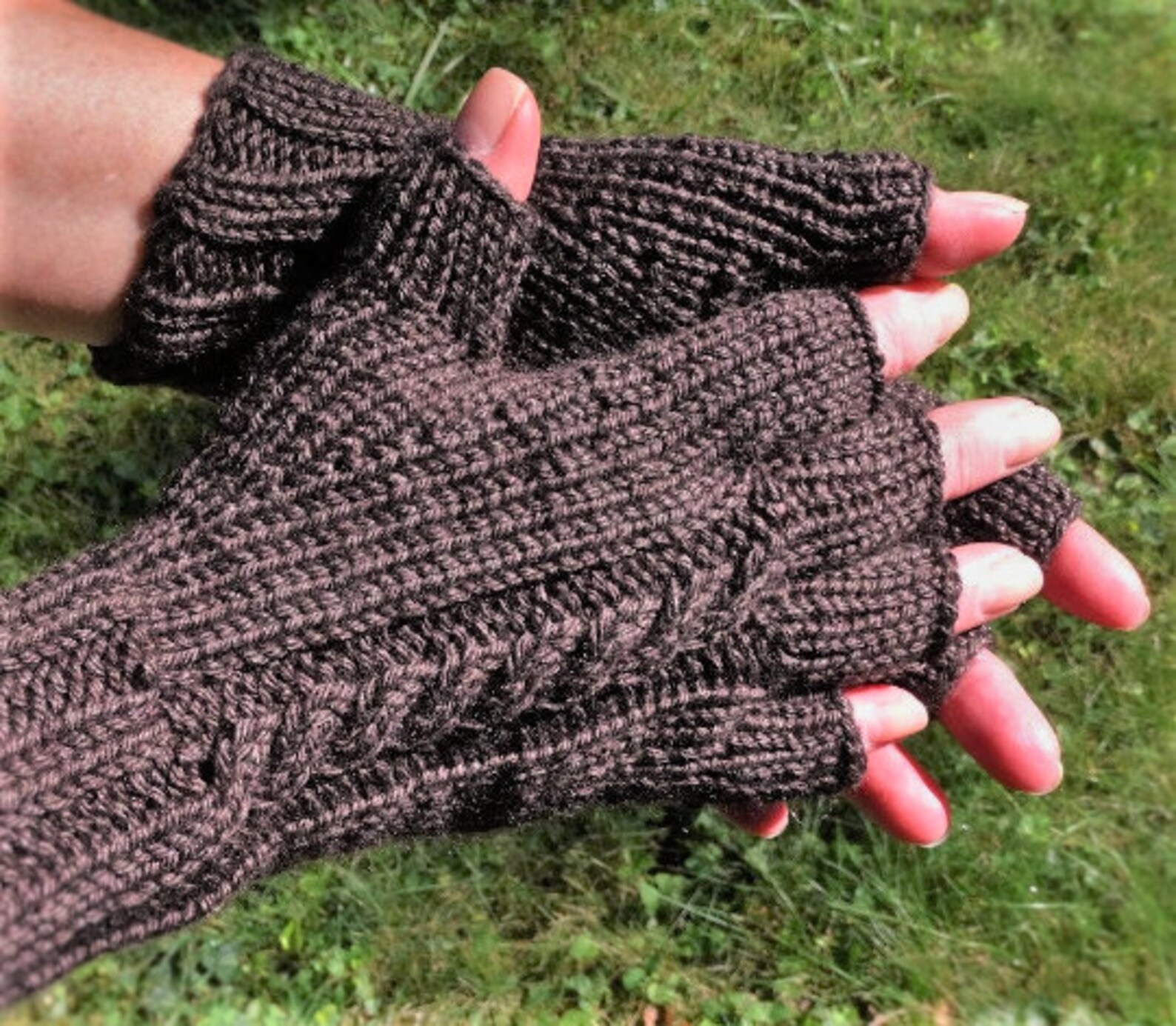 Half Finger Gloves Ladies' Hand Knit Dark Brown Cabled Etsy