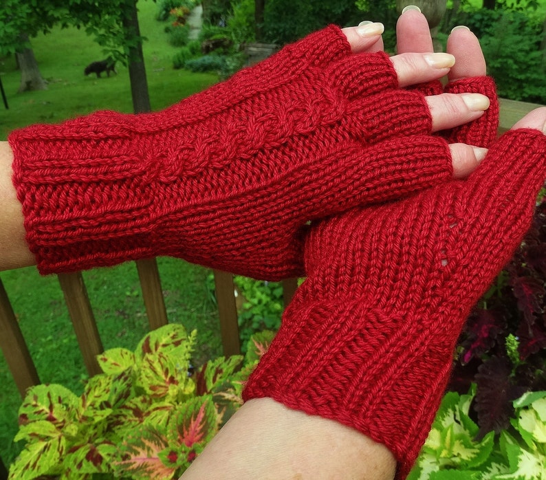 Half Finger Gloves Ladies' Hand Knit Red Cabled Merino Wool & Silk Gloves With Short Fingers image 1
