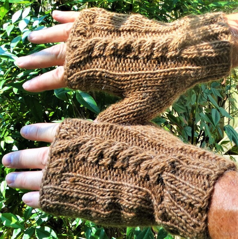 Fingerless Gloves Men's Hand Knit Brown Cabled Merino Wool Etsy