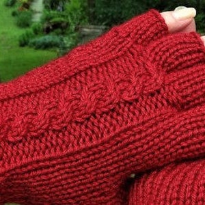 Half Finger Gloves Ladies' Hand Knit Red Cabled Merino Wool & Silk Gloves With Short Fingers image 6