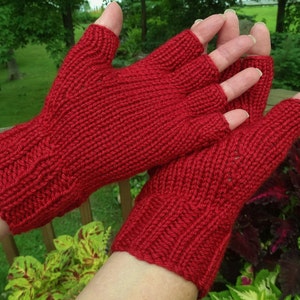 Half Finger Gloves Ladies' Hand Knit Red Cabled Merino Wool & Silk Gloves With Short Fingers image 5