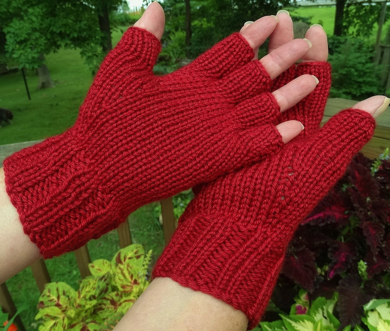 Half Finger Gloves Ladies' Hand Knit Red Cabled Merino Wool & Silk Gloves With Short Fingers image 5