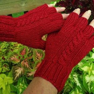 Half Finger Gloves Ladies' Hand Knit Red Cabled Merino Wool & Silk Gloves With Short Fingers image 2