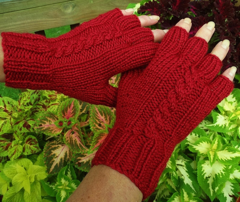 Half Finger Gloves Ladies' Hand Knit Red Cabled Merino Wool & Silk Gloves With Short Fingers image 2