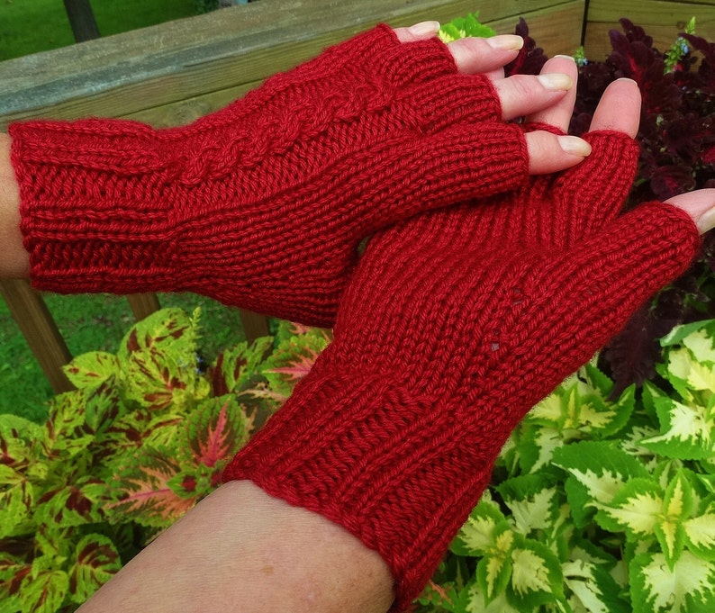Half Finger Gloves Ladies' Hand Knit Red Cabled Merino Wool & Silk Gloves With Short Fingers image 4