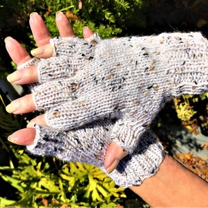 Half Finger Gloves Ladies&#39; Hand Knit White Merino Wool, Alpaca & Donegal Tweed Gloves With Short Fingers