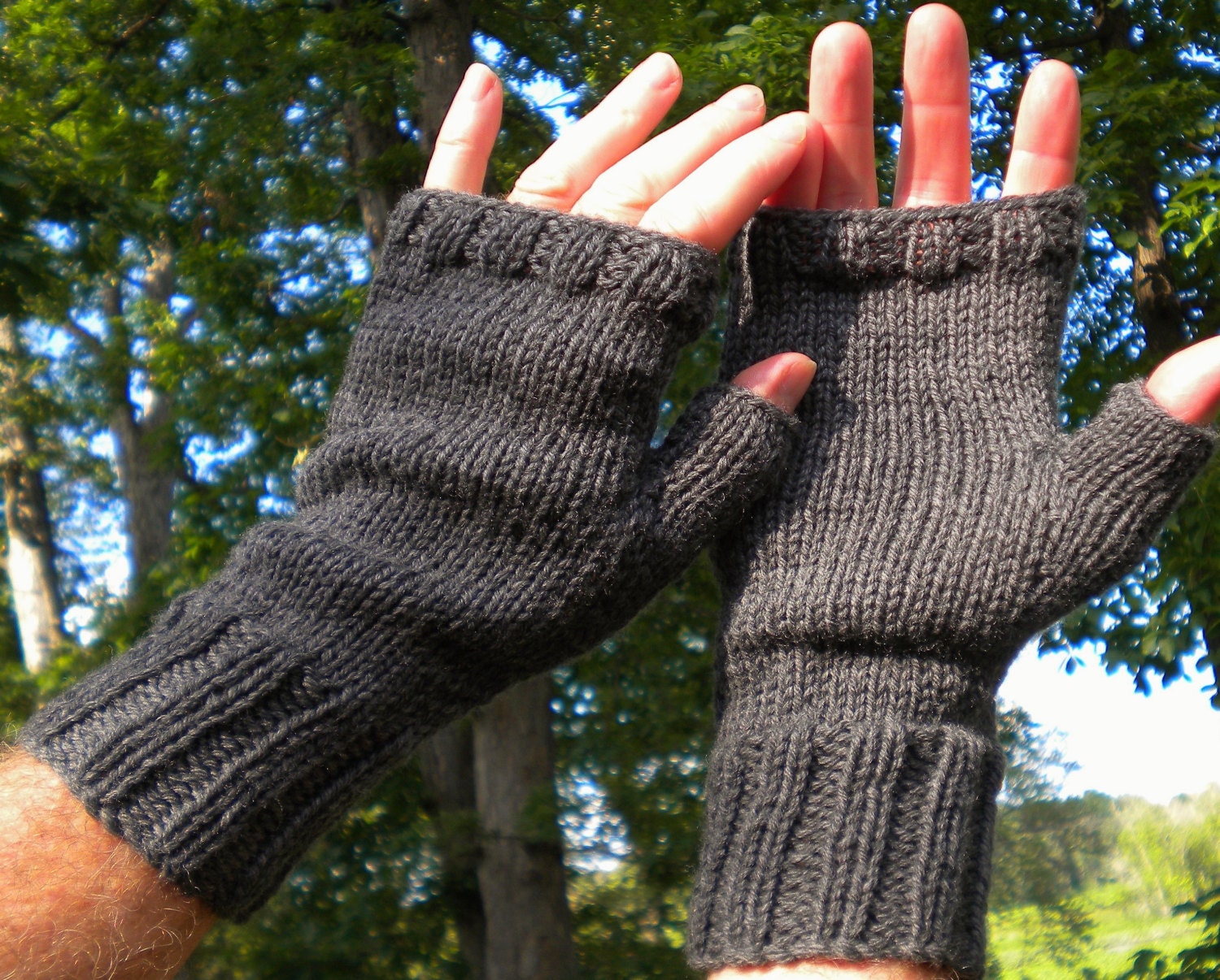 Fingerless Gloves Men's Hand Knit Dark Gray Merino Wool Gloves