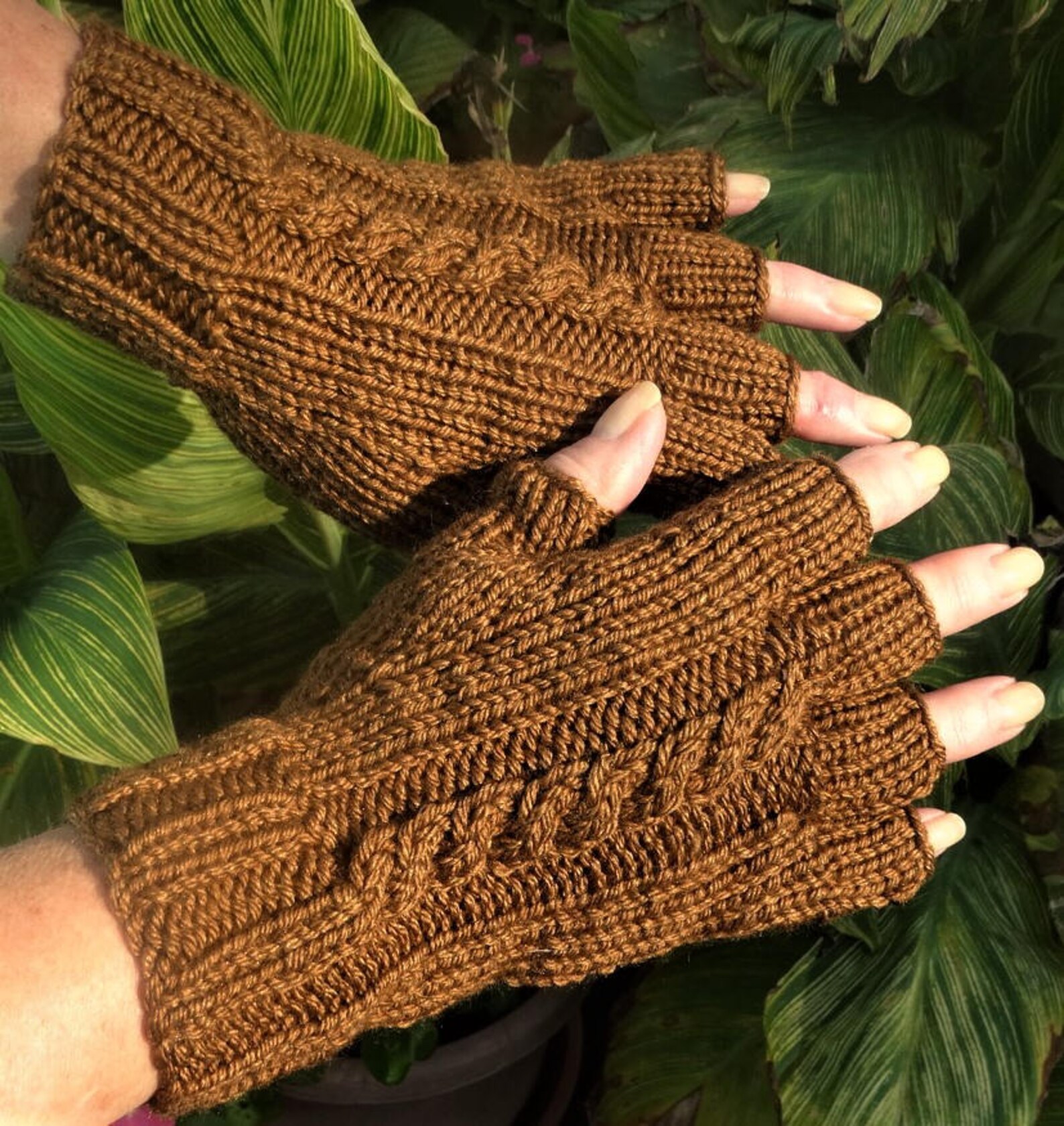 Half Finger Gloves Ladies' Hand Knit Brown Cabled Merino Etsy