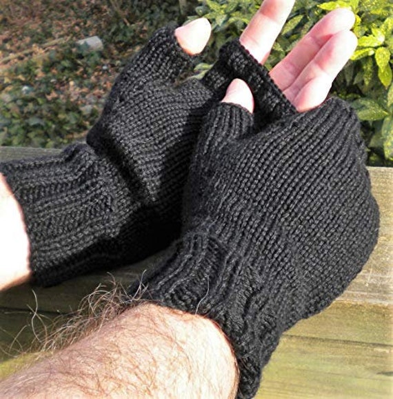 Fingerless Gloves Men's Hand Knit Black Merino Wool Gloves With No Fingers  