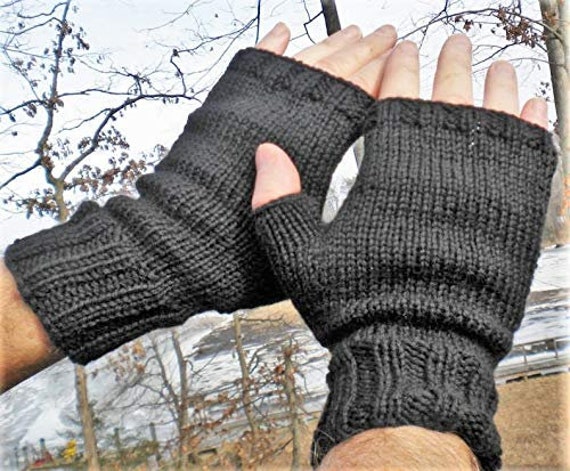 Fingerless Gloves Men's Hand Knit Black Merino Wool Gloves with No Fingers