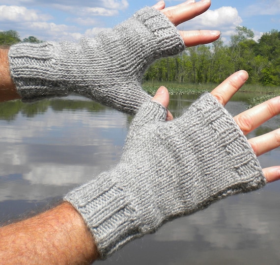 Fingerless Gloves Men's Hand Knit Light Gray Merino Wool & Mohair