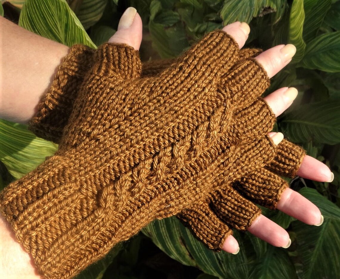 Half Finger Gloves Ladies' Hand Knit Brown Cabled Merino Etsy