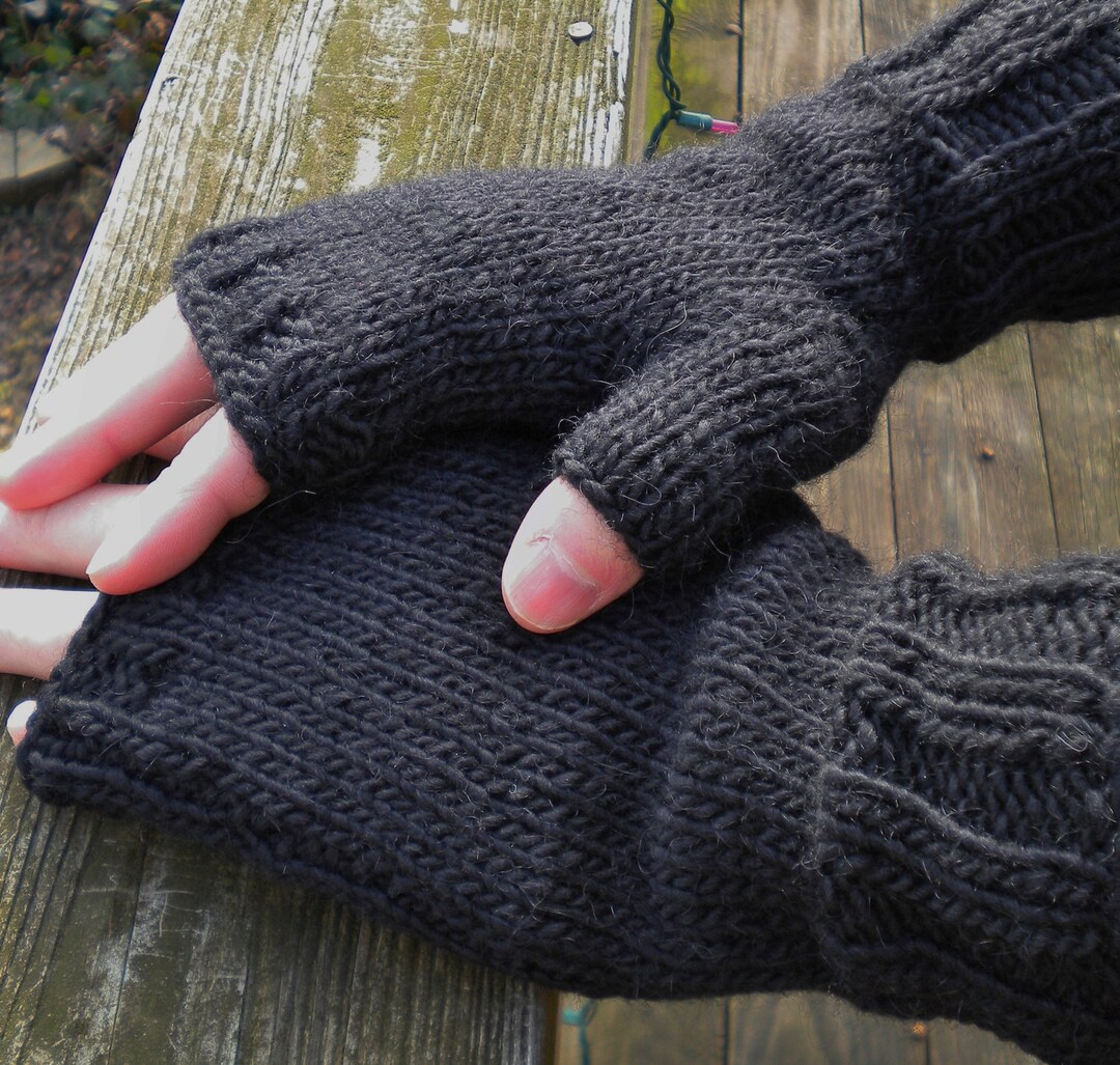 Fingerless Gloves Men's Hand Knit Black Merino Wool & Mohair