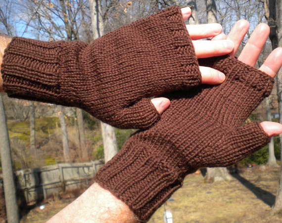 Fingerless Gloves Men's Hand Knit Brown Merino Wool Gloves With No Fingers  