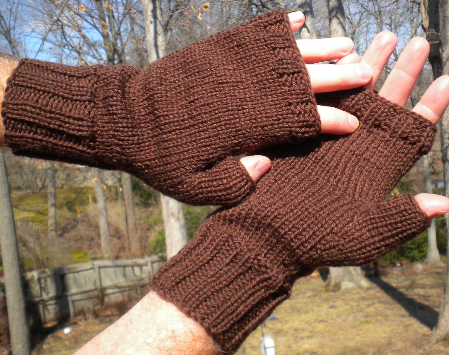 Fingerless Gloves Men's Hand Knit Brown Merino Wool Gloves With No Fingers