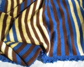 Baby Blanket Handknit Blanket Blue, Yellow & Brown Baby Blanket Washable Merino Wool Handknit Striped Blue, Yellow, Brown Wool Baby Blanket