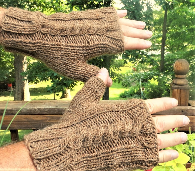 Fingerless Gloves Men's Hand Knit Brown Cabled Merino Wool Etsy