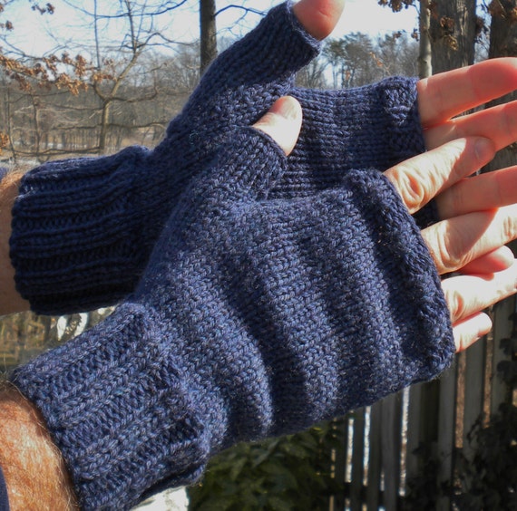 Fingerless Gloves Men's Hand Knit Denim Blue Merino Wool Gloves