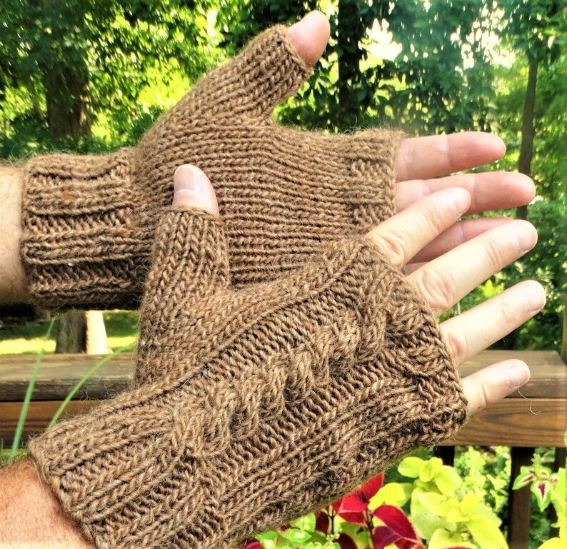 Fingerless Gloves Men's Hand Knit Brown Cabled Merino Wool Etsy