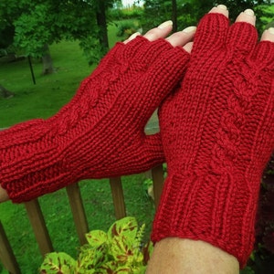 Half Finger Gloves Ladies' Hand Knit Red Cabled Merino Wool & Silk Gloves With Short Fingers image 3