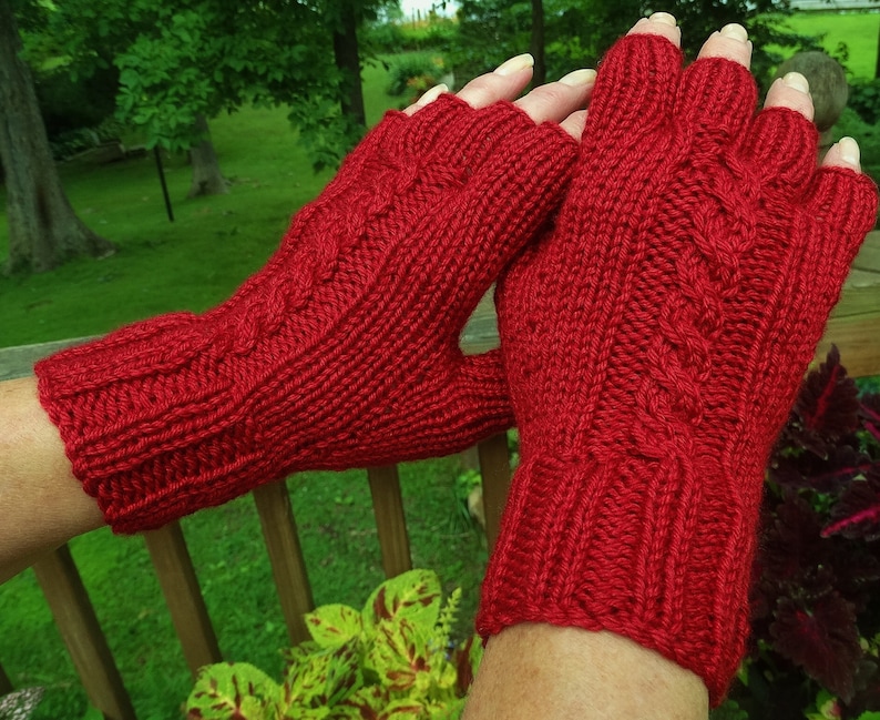 Half Finger Gloves Ladies' Hand Knit Red Cabled Merino Wool & Silk Gloves With Short Fingers image 3