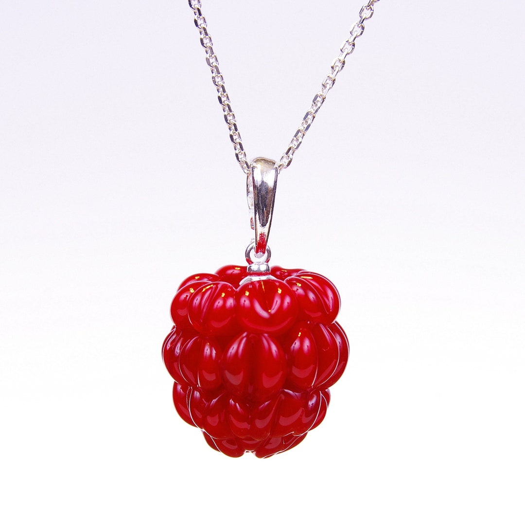 Glass Raspberry Necklace in Silver, Raspberry Pendant, Red Minimalist
