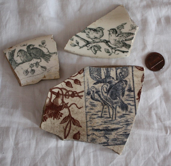 French Beach Pottery Shards With Birds Beach Pottery For Etsy