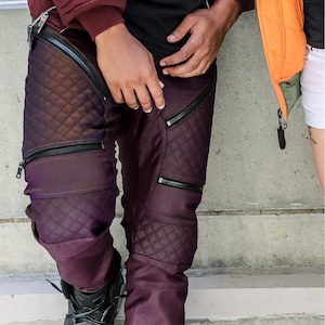 May include: Burgundy pants with multiple zippered pockets and a quilted design.