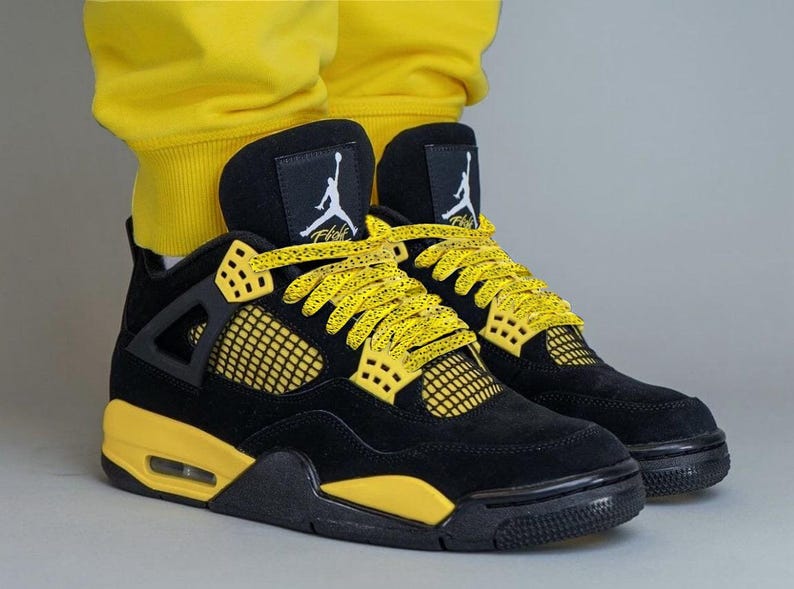Our custom yellow speckled or yellow cement laces are perfectly paired with the Nike Jordan 4 Yellow Thunder. The speckle or cement print as sneaker enthusiasts like to call it, are an homage to the retro colorways and prints of the original Nike Jordan sneakers that were created in the 1990s.