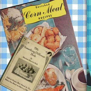 Puede incluir: Dos libros de cocina vintage con un fondo a cuadros azul y blanco. El primer libro de cocina se titula "Recetas de harina de maíz enriquecida" y presenta una foto de pan de maíz frito. El segundo libro de cocina se titula "El plato diferente" de Marion Harris Neil y presenta una foto de un tazón de fruta.