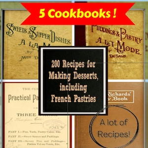 5 Cookbooks on PDF 200 Recipes Making DESSERTS French Pastries Wedding Christmas Cake Pudding Breads Pie Instant Download A lot of Recipes