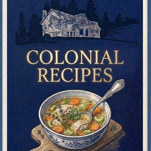 Può includere: Una copertina di libro in stile vintage con il titolo "Historical Essence" e "Colonial Recipes". La copertina presenta uno sfondo blu, un disegno di una casa coloniale e una ciotola di zuppa con verdure. È visibile anche il nome dell'autore.