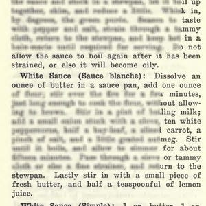 May include: A recipe page from an old cookbook, featuring instructions for sauces like Watercress and White Sauce. Measurements are given in ounces and gills. The paper has a yellowed hue, suggesting age, and the text is in a traditional font.