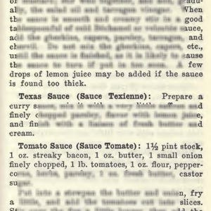 May include: A page from an old cookbook featuring sauce recipes: Tartare, Texas, and Tomato. The text is printed in black ink on aged paper. Some sections of the text are blurred.