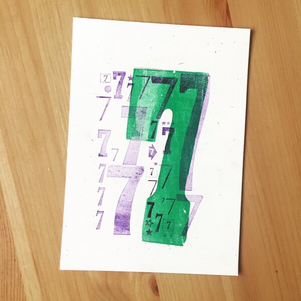 Letterpress Print - "Seven." - Purple and Green on White or Kraft - 5" x 7"