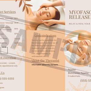 Könnte beinhalten: Eine Broschüre in Pfirsich- und Cremetönen, die Myofascial Release bewirbt. Sie enthält Informationen zu Massagen und Gesichtsbehandlungen, Öffnungszeiten und Kontaktdaten. Das Bild zeigt eine Person, die eine Gesichtsbehandlung erhält.