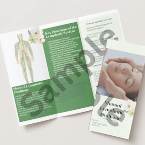 May include: A brochure for Manual Lymphatic Drainage, featuring a diagram of the lymphatic system and a photo of a person receiving treatment. The brochure includes text about the benefits and uses of the treatment, with a light green and white color scheme.