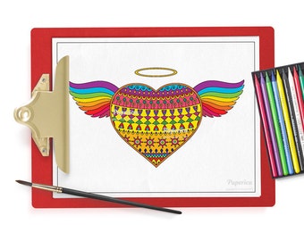 Printable heart with wings coloring page, valentine coloring sheet, adult coloring page, angel wings halo, zentangle love angel heart doodle