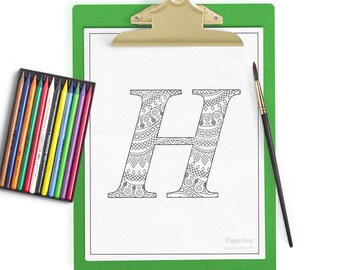 Printable coloring page, adult coloring page, printable typography letter H, alphabet coloring, zentangle coloring, instant digital download