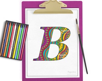 Printable coloring page, adult coloring page, alphabet coloring typography, printable letter B, zentangle coloring, instant digital download