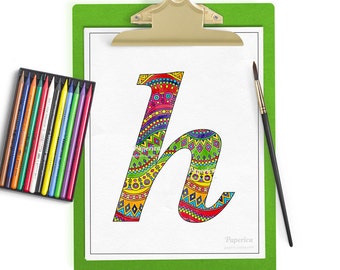 Printable coloring page, adult coloring page, printable typography letter h, alphabet coloring, zentangle coloring, instant digital download