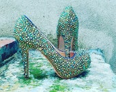 Crystal Wedding Shoes, Crystal Bridal Shoes, Bling Shoes, Blue Green AB Mermaid heels,