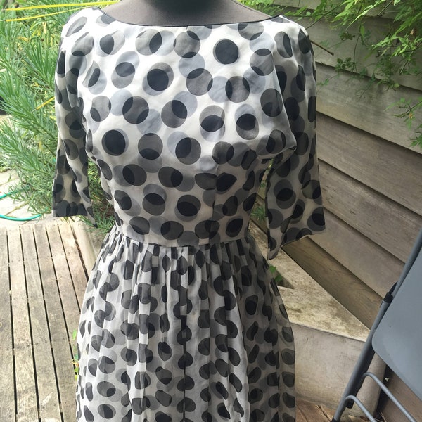 January Sale. Gorgeous vintage 50's new look black and white polka dot chiffon party dress