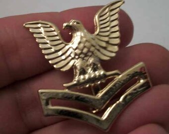 Puede incluir: Pin de metal dorado con un águila estilizada posada sobre un galón. El águila tiene las alas extendidas y mira hacia la derecha. El galón tiene tres rayas.